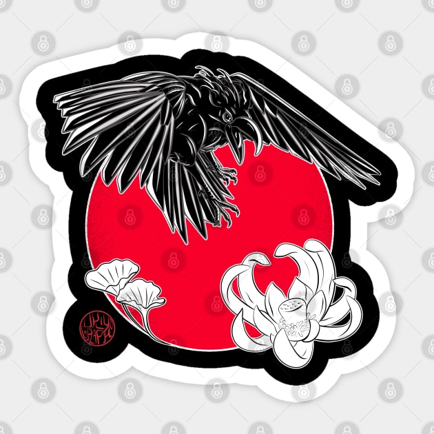 Japanese crow and lotus flower Sticker by Ukiyograph